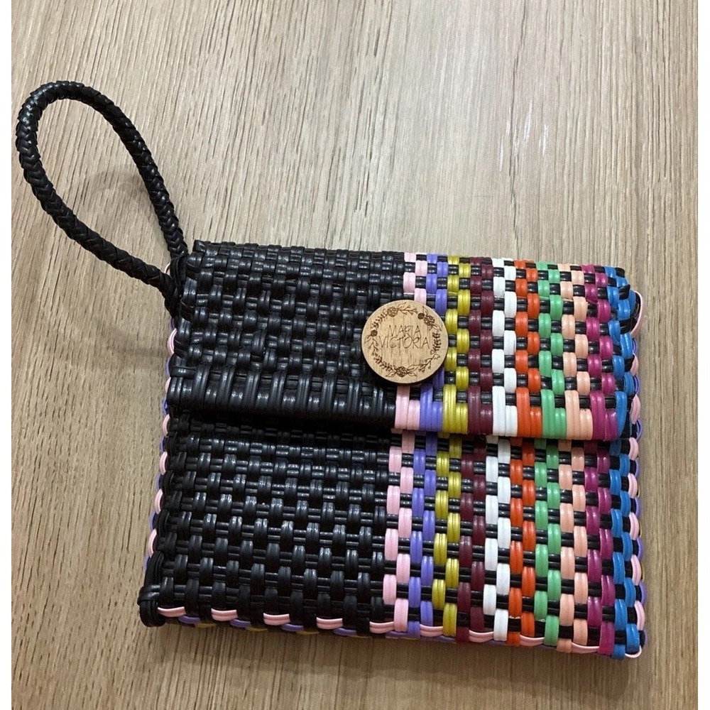 Maria Victoria Wrist Bag Wristlet Black & Multicolor PVC Woven 8" X 6.5"